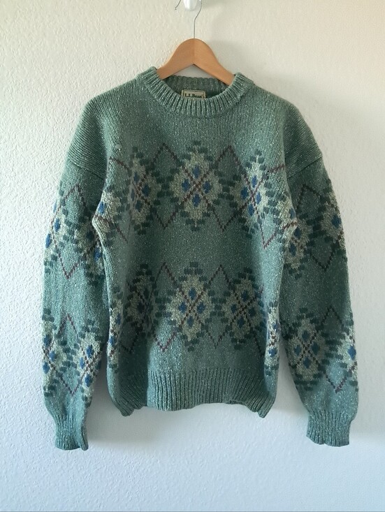 L.L. Bean Other - Vintage LL Bean Chunky Knit Argyle Sweater Long Sleeve Crewneck Wool Silk Green